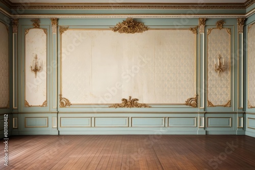 An 18th century French Rococo style salon with ornate white and gold paneling and parquet floors.