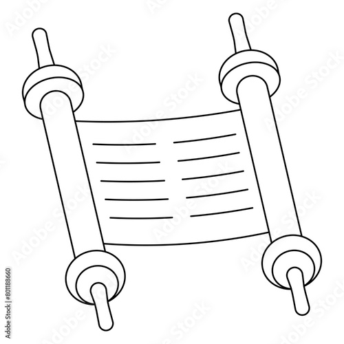 Torah scroll. Sketch. Handwritten parchment scroll with Jewish teachings. Vector illustration. Outline on isolated background. Holy Scripture for reading in the Synagogue. Coloring book for children. 