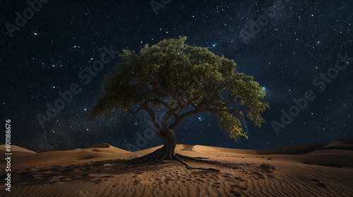 Single tree in the desert dunes. Night time. Stars are on the sky