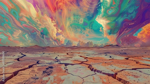 Surreal landscape showcases a parched desert floor dramatically cracked under a vividly psychedelic kaleidoscopic sky photostosk style  photo