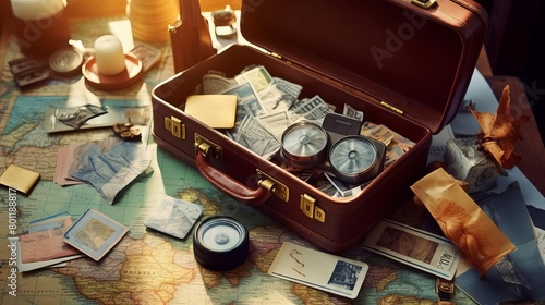 An open suitcase full of a traveler's belongings, including clothes, a map, and a camera photo