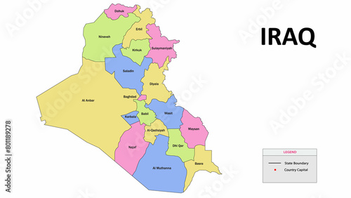 Iraq Map. State and district map of Iraq. Detailed colorful map of Iraq. photo