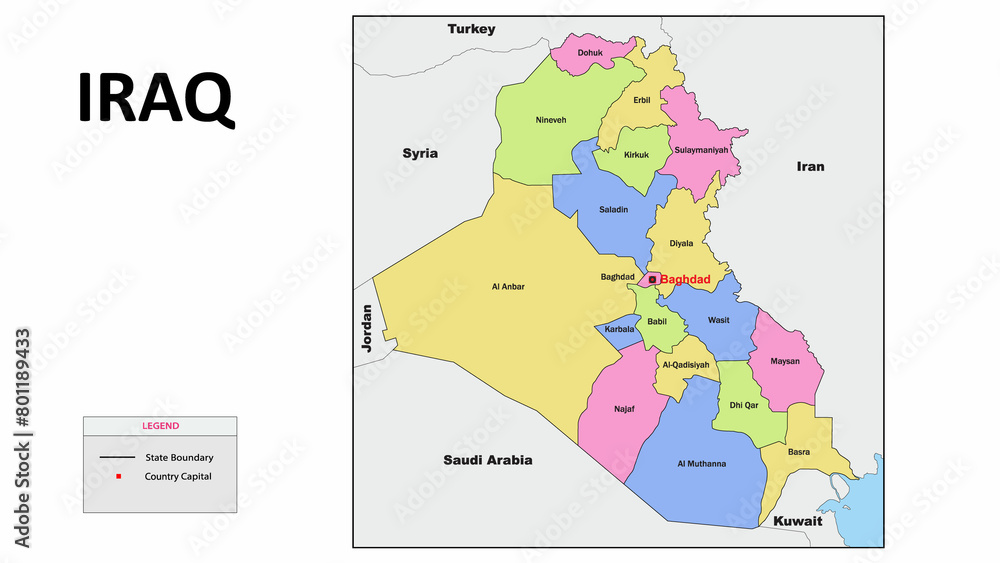 Iraq Map. State and district map of Iraq. Political map of Iraq with country capital.