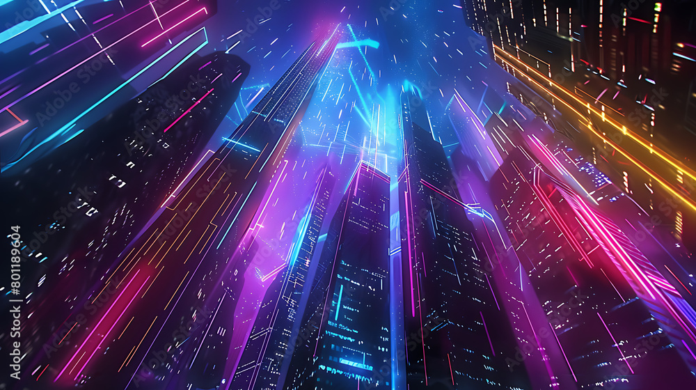 Futuristic colorful neon skyline. Cyberpunk and retro wave style illustration