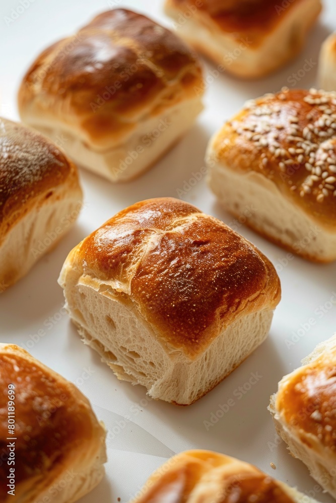 Freshly baked glazed dinner rolls on a white background. Close-up bakery product photography