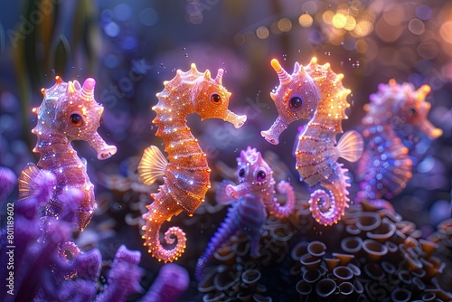 rainbow-colored seahorses swim among the corals, happy ocean day © Mari