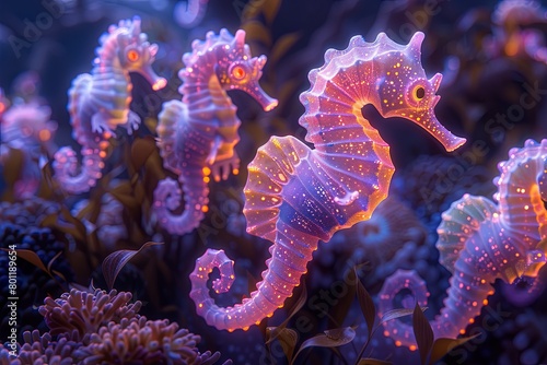rainbow-colored seahorses swim among the corals, happy ocean day