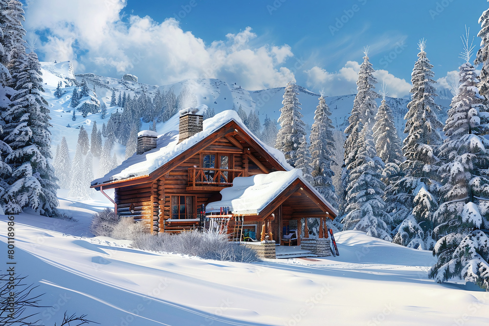Winter Wonderland, Cozy Cabin Nestled in Snowy Forest with Clear Blue Sky