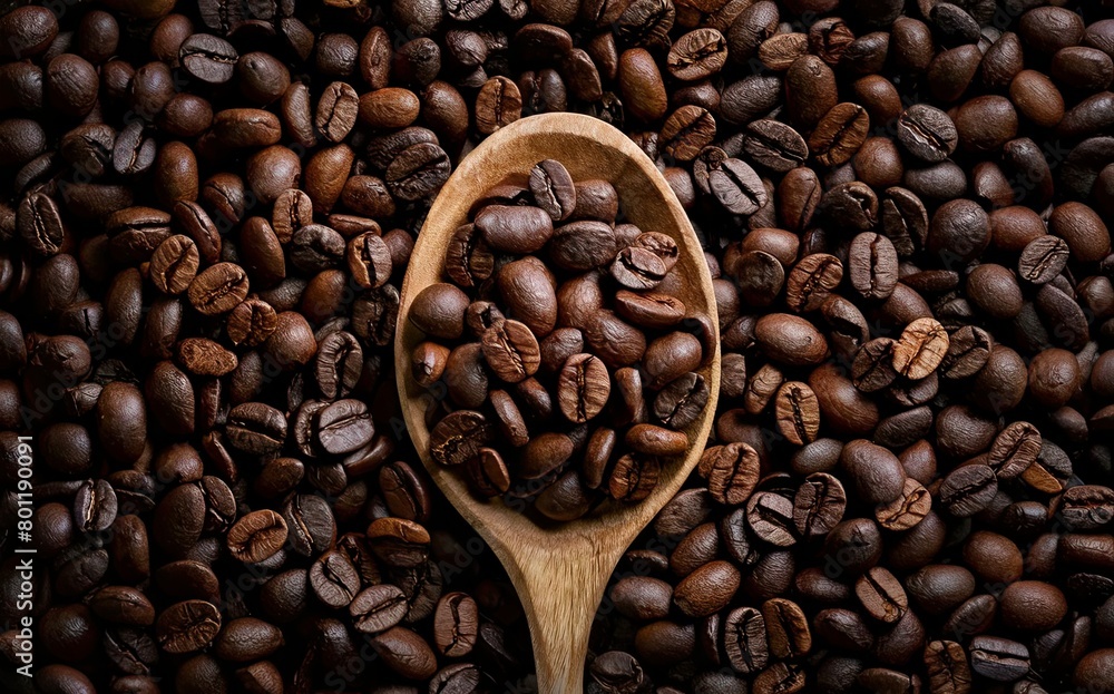 Fototapeta premium A wooden spoon filled to the brim with aromatic coffee beans. Generative AI