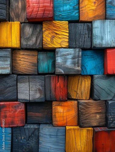 A wooden background made of various colored blocks photo