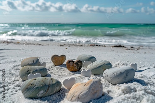 A collection of smooth, heart-shaped pebbles arranged on a white sandy beach with gentle aqua waves