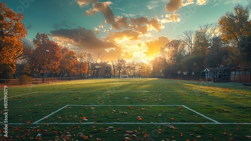 Retro-style soccer field with bold typographic elements photo
