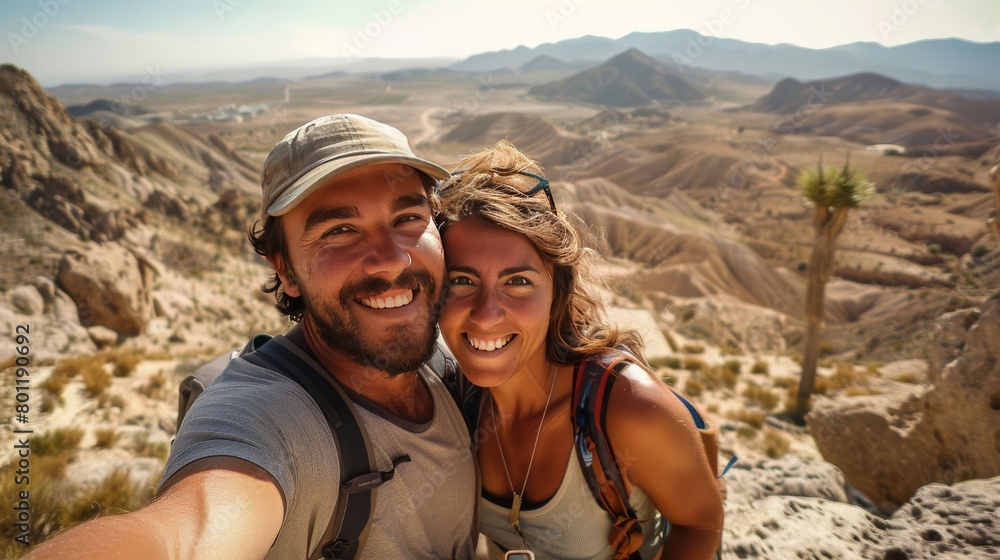 Adventurous couple taking selfie while hiking in desert wilderness, panoramic landscape view. Adventurous couple taking selfie while hiking in desert wilderness, panoramic landscape view.