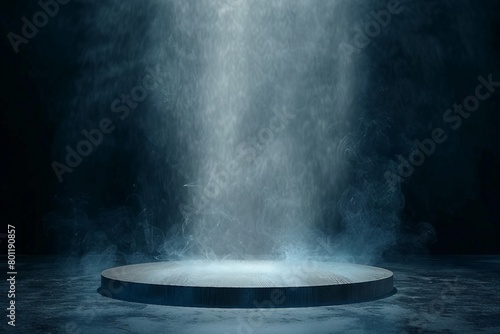 The empty wooden cylinder shape of product display Podium, Stand for showing or design blank backdrop dark abstract wall with smoke float up. Platform illuminated by spotlights. generative ai photo