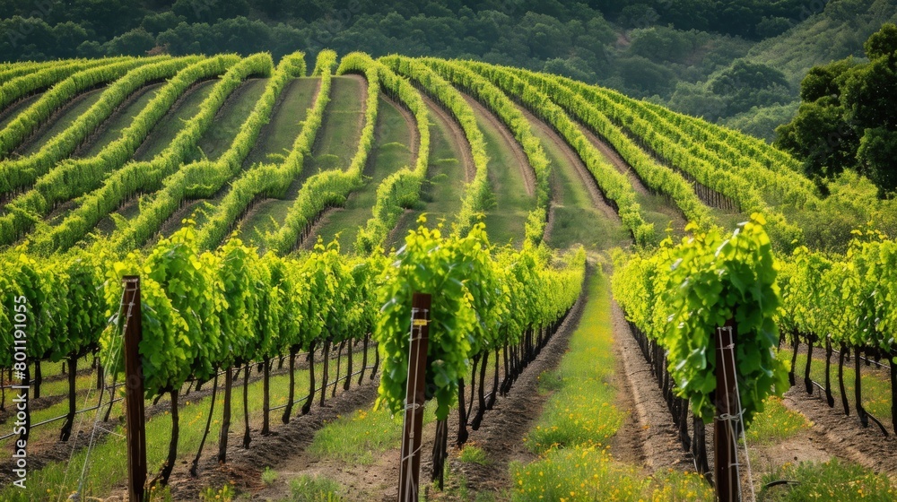 Naklejka premium A vineyard with orderly rows of grapevines. Copy Space.
