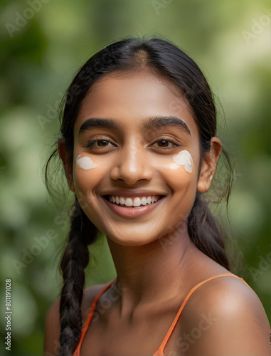 An indian girl with fair skin applying sunscreen on her face with natue green background. The girl is smiling as if that was the sunscreen her skin always wanted. the sunscreen texture should be peach photo