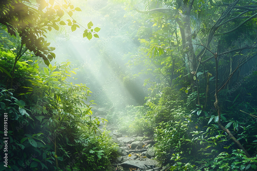 Mystical Morning in the Rainforest, Sun Rays Piercing Through Dense Green Foliage Mystical Morning in the Rainforest, Sun Rays Piercing Through Dense Green Foliage
