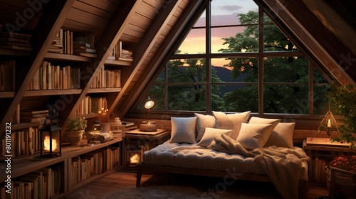 Attic with a luxurious view and books for reading