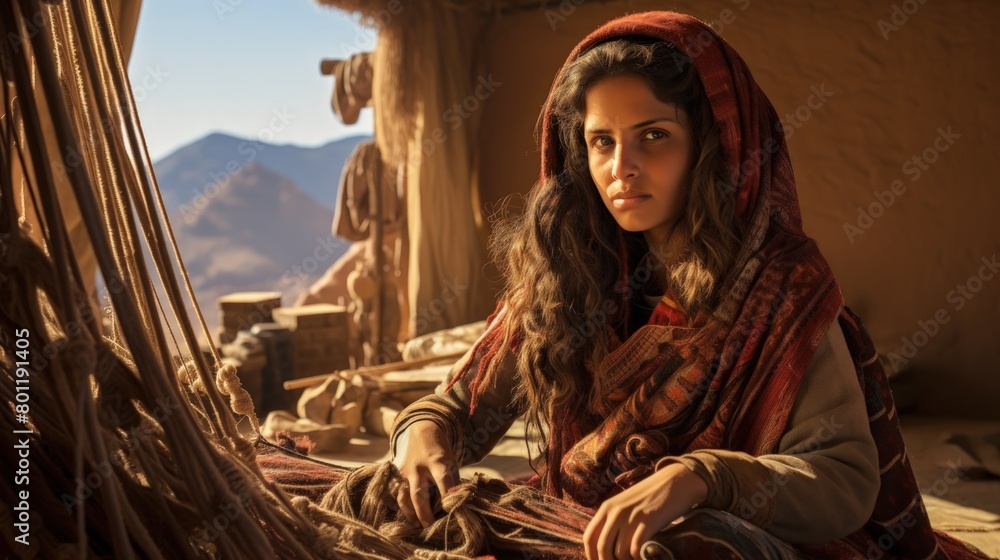 A young beautiful Bedouin woman sitting at the loom, weaving carpets.