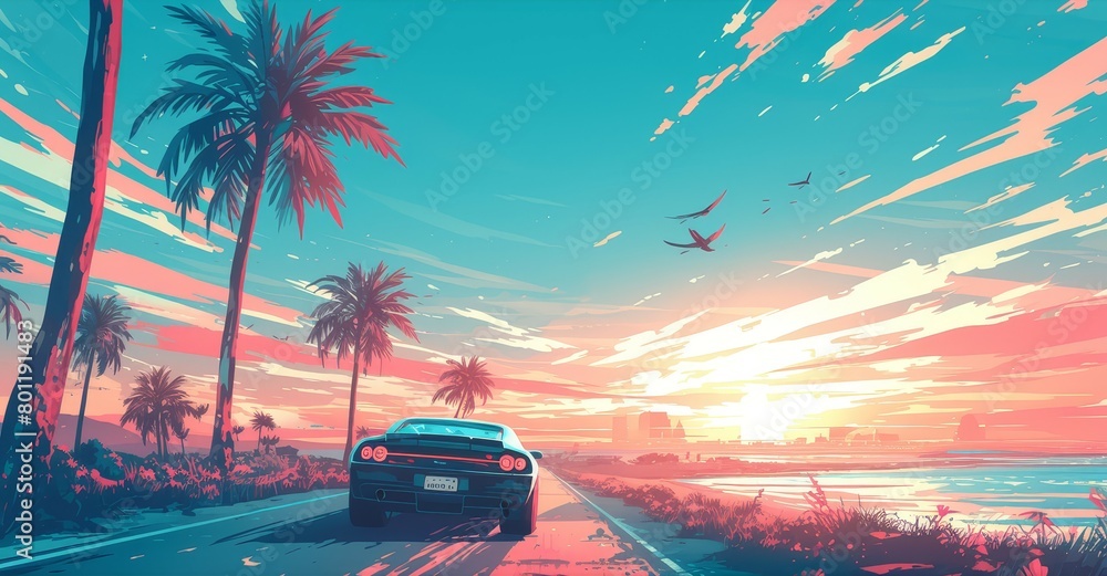 80s style vector art of the sun setting behind mountains, palm trees and an ocean in the background with a car driving down the road. 