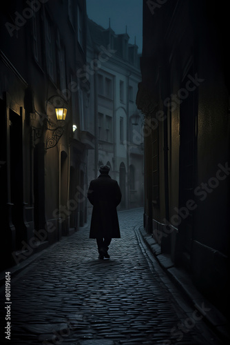 a solitary figure walking through a foggy  cobblestone street  flanked by old buildings  exuding mystery