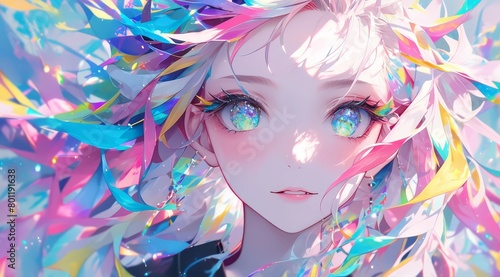 A beautiful anime girl with colorful hair, rainbow colored ribbons flowing in the wind, vibrant and vivid colors