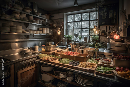 a cozy, well-stocked kitchen with fresh ingredients, warm lighting, and a homely, inviting atmosphere © larrui