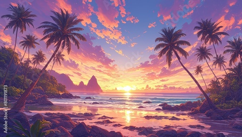 A beautiful sunset over an exotic island, with palm trees swaying in the wind and waves crashing against rocks on shore. 