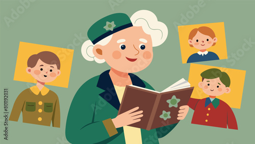 Elderly female veteran holding a scrapbook filled with old military photos recounting her ime experiences to curious young children.. Vector illustration