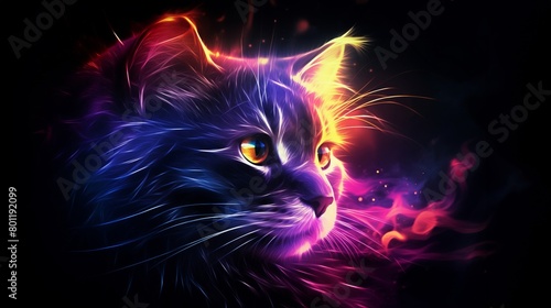 An artistic representation of a cat with a vibrant neon coat against the backdrop of the cosmos.