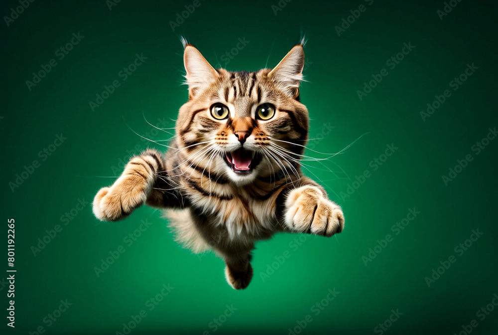 Playful fluffy tabby cat jumping mid-air in camera at dark green background, looking at camera. Crazy cat flying with open mouth, posing at camera. Domestic animals concept. Copy ad text space