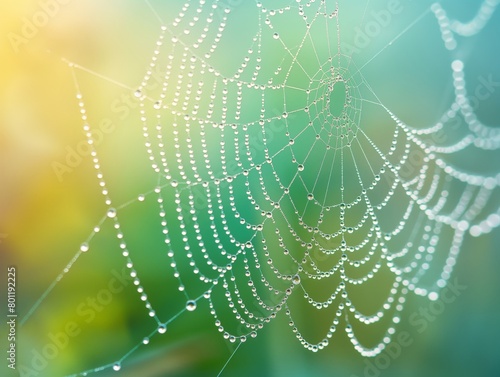 Close-up of a spider web with dew drops against a soft, colorful background.