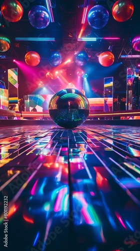 A large disco ball sits in the center of a dance floor, surrounded by colorful lights and balloons