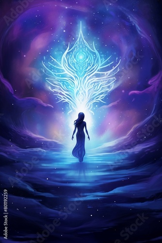 An ethereal figure stands transfixed before a glowing ice tree, set in a mystical cosmic landscape that bridges the gap between fantasy and dreams. photo