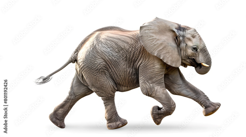 Fototapeta premium Graceful Elephant in Mid-Stride Isolated on White Background. Dynamic Wildlife Photography Capturing Movement and Detail. Ideal for Educational Material and Creative Projects. AI