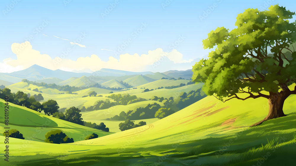 Sunlit Slopes, Meadow Hills bathed in Morning Light with Oak Trees. Realistic hills landscape. Vector background