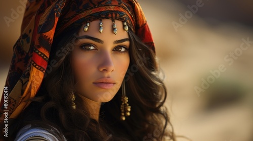 A young beautiful Bedouin woman posing in traditional headgear and ornaments photo