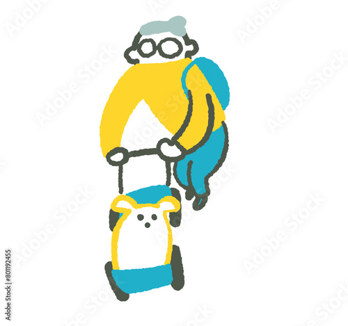 ペットをベビーカーに乗せて歩いているシニアの女性　イラスト素材
