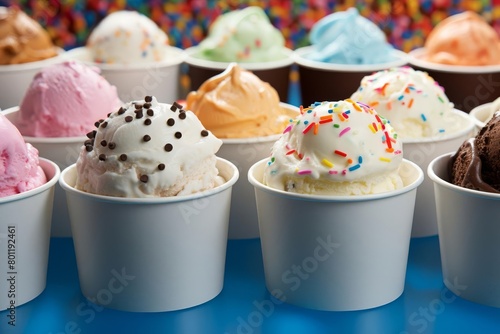 A variety of ice cream flavors in white paper cups photo