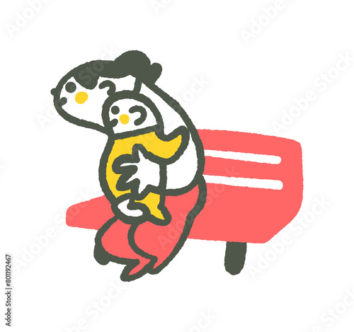 ベンチで赤ちゃんを抱っこして何かを興味ありげに眺めている親子　イラスト素材

