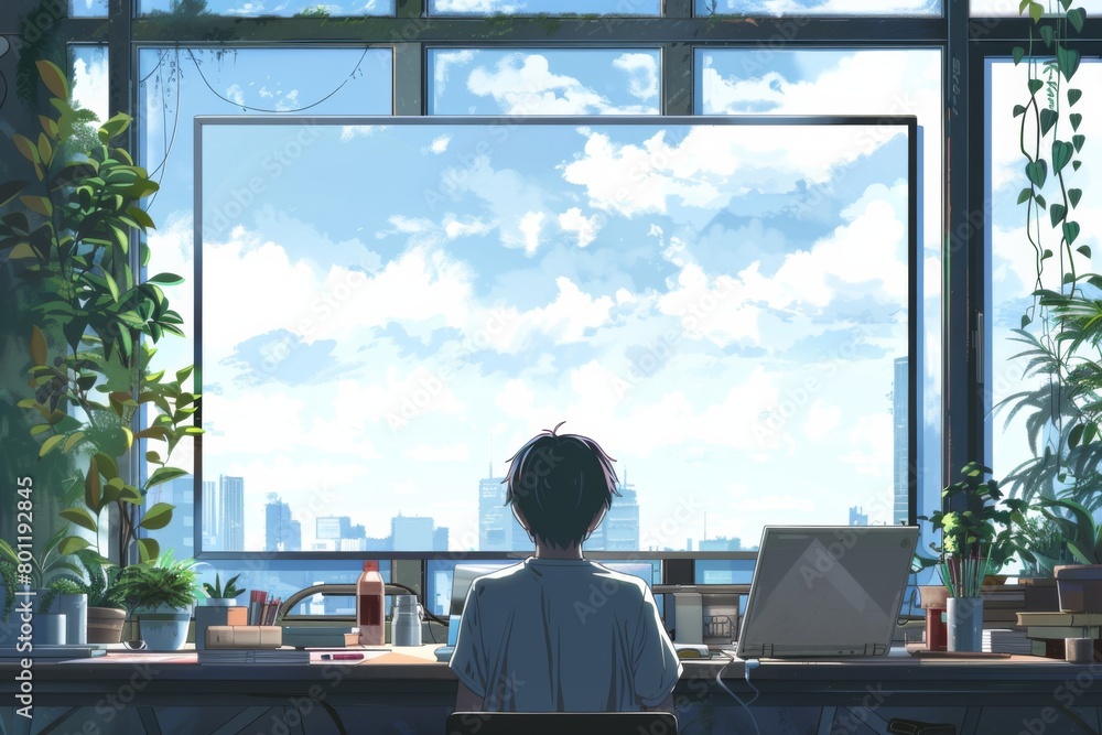Person Sitting at Desk by Window Person Sitting at Desk by Window