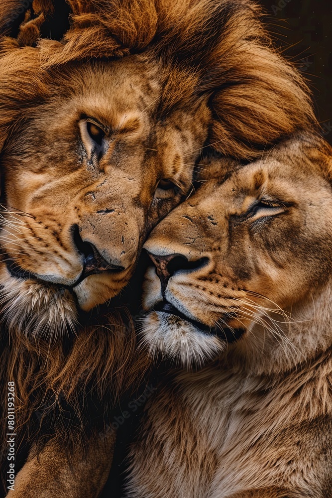 lion and a lioness cuddling, valentine