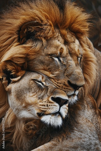 lion and a lioness cuddling  valentine