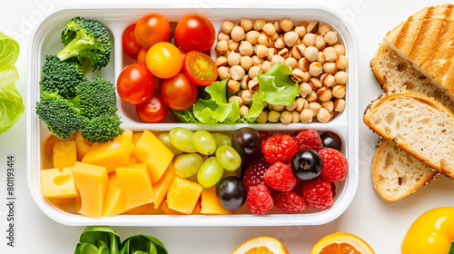 Lunch box with delicious food on white background