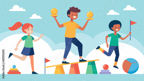 In a physical education class students participate in a circusthemed obstacle course that challenges their balance coordination and body awareness.. Vector illustration