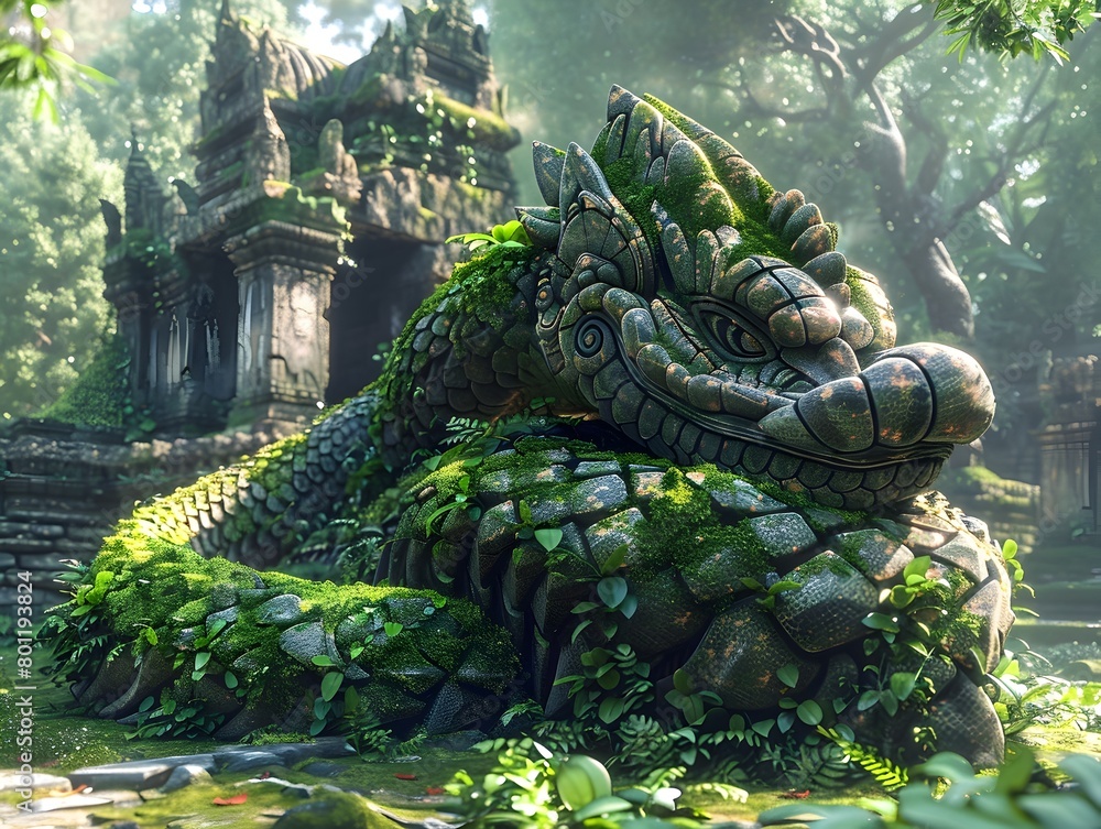 Naklejka premium Colossal Naga Guardian Coiled around Forgotten Stone Citadel in Lush Jungle Landscape