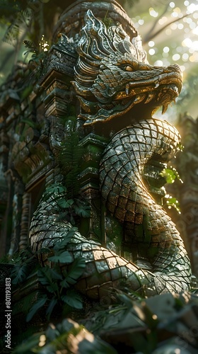Mystical Thai Naga Serpent Draped Across Overgrown Ruins in Verdant Jungle Landscape © jodkung
