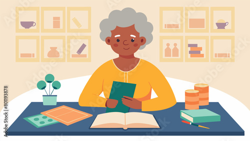 A senior woman sitting at a kitchen table flipping through old photo albums and pointing out key moments in Juneteenth history.. Vector illustration