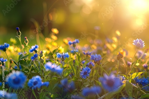 blue cornflower meadow with yellow green leaves, summer vibe © Mari