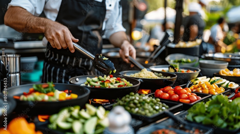 Obraz premium Chef led vegetarian plating session with participants showcasing artistic flair in a cooking class